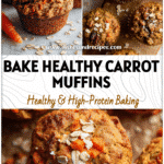 Moist Easter carrot cake protein muffins with grated carrots and oats for Healthy Tasty Muffins breakfast.